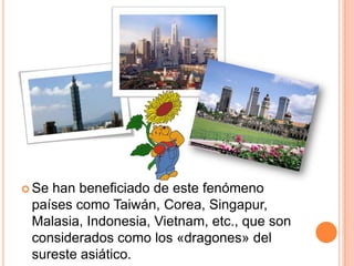  Se han beneficiado de este fenómeno
países como Taiwán, Corea, Singapur,
Malasia, Indonesia, Vietnam, etc., que son
considerados como los «dragones» del
sureste asiático.
 
