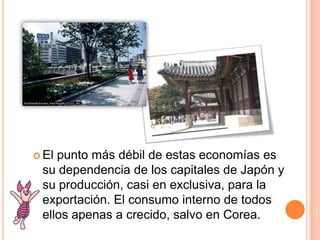  El punto más débil de estas economías es
su dependencia de los capitales de Japón y
su producción, casi en exclusiva, para la
exportación. El consumo interno de todos
ellos apenas a crecido, salvo en Corea.
 