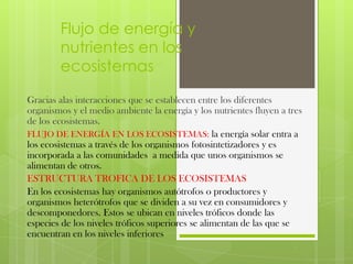 Flujo de energía y nutrientes en los ecosistemas Gracias alas interacciones que se establecen entre los diferentes organismos y el medio ambiente la energía y los nutrientes fluyen a tres de los ecosistemas.FLUJO DE ENERGÍA EN LOS ECOSISTEMAS: la energía solar entra a los ecosistemas a través de los organismos fotosintetizadores y es incorporada a las comunidades  a medida que unos organismos se alimentan de otros.ESTRUCTURA TROFICA DE LOS ECOSISTEMASEn los ecosistemas hay organismos autótrofos o productores y organismos heterótrofos que se dividen a su vez en consumidores y descomponedores. Estos se ubican en niveles tróficos donde las especies de los niveles tróficos superiores se alimentan de las que se encuentran en los niveles inferiores   