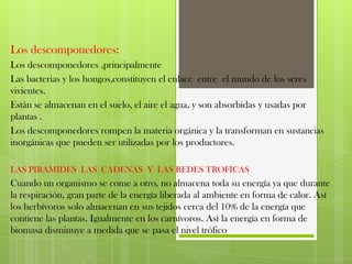 Los descomponedores:Los descomponedores ,principalmenteLas bacterias y los hongos,constituyen el enlace entre  el mundo de los seres vivientes.Están se almacenan en el suelo, el aire el agua, y son absorbidas y usadas por plantas .Los descomponedores rompen la materia orgánica y la transforman en sustancias inorgánicas que pueden ser utilizadas por los productores.LAS PIRAMIDES  LAS  CADENAS  Y  LAS REDES TROFICASCuando un organismo se come a otro, no almacena toda su energía ya que durante la respiración, gran parte de la energía liberada al ambiente en forma de calor. Así los herbívoros solo almacenan en sus tejidos cerca del 10% de la energía que contiene las plantas. Igualmente en los carnívoros. Así la energía en forma de biomasa disminuye a medida que se pasa el nivel trófico 