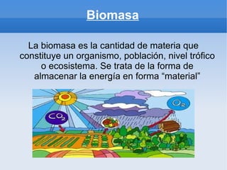 Biomasa

  La biomasa es la cantidad de materia que
constituye un organismo, población, nivel trófico
     o ecosistema. Se trata de la forma de
   almacenar la energía en forma “material”
 