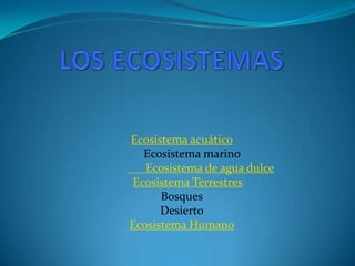 Ecosistema acuático
  Ecosistema marino
   Ecosistema de agua dulce
Ecosistema Terrestres
      Bosques
      Desierto
Ecosistema Humano
 