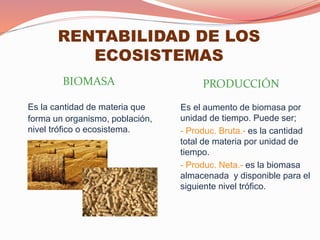 Es la cantidad de materia que
forma un organismo, población,
nivel trófico o ecosistema.
RENTABILIDAD DE LOS
ECOSISTEMAS
Es el aumento de biomasa por
unidad de tiempo. Puede ser;
- Produc. Bruta.- es la cantidad
total de materia por unidad de
tiempo.
- Produc. Neta.- es la biomasa
almacenada y disponible para el
siguiente nivel trófico.
BIOMASA PRODUCCIÓN
 