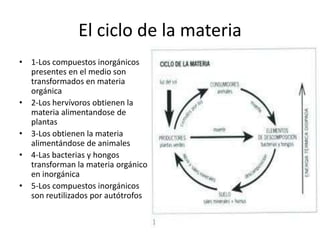 El ciclo de la materia
• 1-Los compuestos inorgánicos
presentes en el medio son
transformados en materia
orgánica
• 2-Los hervívoros obtienen la
materia alimentandose de
plantas
• 3-Los obtienen la materia
alimentándose de animales
• 4-Las bacterias y hongos
transforman la materia orgánico
en inorgánica
• 5-Los compuestos inorgánicos
son reutilizados por autótrofos
 