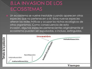  Un ecosistema se vuelve inestable cuando aparecen otras
especies que no pertenecen a él. Estas nuevas especies
alteran las redes tróficas y ocupar los nichos ecológicos de
otros organismos. Como consecuencia de esta
invasión, algunas especies pertenecientes originalmente al
ecosistema pueden ser expulsadas, o incluso, extinguidas.
 
