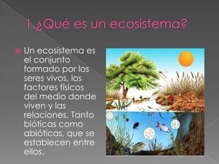  Un ecosistema es
el conjunto
formado por los
seres vivos, los
factores físicos
del medio donde
viven y las
relaciones. Tanto
bióticas como
abióticas, que se
establecen entre
ellos.
 