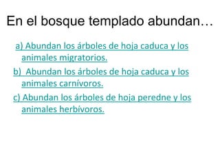 En el bosque templado abundan…
a) Abundan los árboles de hoja caduca y los
animales migratorios.
b) Abundan los árboles de hoja caduca y los
animales carnívoros.
c) Abundan los árboles de hoja peredne y los
animales herbívoros.