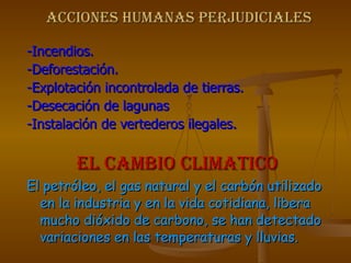 ACCIONES HUMANAS PERJUDICIALES -Incendios. -Deforestación. -Explotación incontrolada de tierras. -Desecación de lagunas -Instalación de vertederos ilegales. EL CAMBIO CLIMATICO El petróleo, el gas natural y el carbón utilizado en la industria y en la vida cotidiana, libera mucho dióxido de carbono, se han detectado variaciones en las temperaturas y lluvias. 