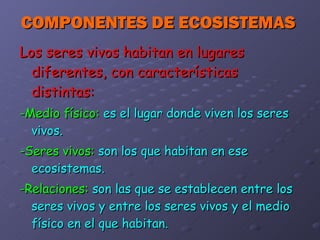 COMPONENTES DE ECOSISTEMAS Los seres vivos habitan en lugares diferentes, con características distintas: -Medio físico:   es el lugar donde viven los seres vivos. -Seres vivos:   son los que habitan en ese ecosistemas. -Relaciones:   son las que se establecen entre los seres vivos y entre los seres vivos y el medio físico en el que habitan. 