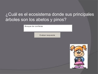 ¿Cuál es el ecosistema donde sus principales
árboles son los abetos y pinos?
         B o s q ue d e c o nífe ras




                               E valuar re s p ue s ta
 