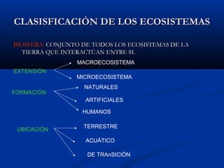 CLASISFICACIÓN DE LOS ECOSISTEMASCLASISFICACIÓN DE LOS ECOSISTEMAS
BIOSFERA:BIOSFERA: CONJUNTO DE TODOS LOS ECOSISTEMAS DE LACONJUNTO DE TODOS LOS ECOSISTEMAS DE LA
TIERRA QUE INTERACTÚAN ENTRE SI.TIERRA QUE INTERACTÚAN ENTRE SI.
MACROECOSISTEMA
MICROECOSISTEMA
FORMACIÓN
NATURALES
ARTIFICIALES
HUMANOS
UBICACIÓN
TERRESTRE
ACUÁTICO
DE TRAnSICIÓN
EXTENSIÓN
 