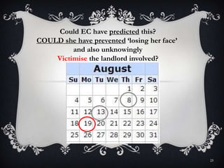 25
Could EC have predicted this?
COULD she have prevented ‘losing her face’
and also unknowingly
Victimise the landlord involved?
 