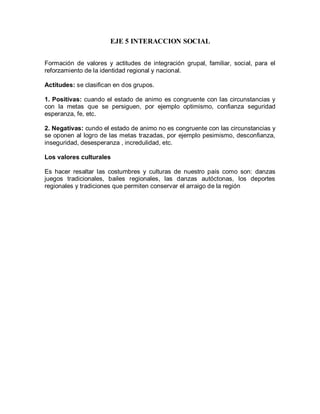 EJE 5 INTERACCION SOCIAL
Formación de valores y actitudes de integración grupal, familiar, social, para el
reforzamiento de la identidad regional y nacional.
Actitudes: se clasifican en dos grupos.
1. Positivas: cuando el estado de animo es congruente con las circunstancias y
con la metas que se persiguen, por ejemplo optimismo, confianza seguridad
esperanza, fe, etc.
2. Negativas: cundo el estado de animo no es congruente con las circunstancias y
se oponen al logro de las metas trazadas, por ejemplo pesimismo, desconfianza,
inseguridad, desesperanza , incredulidad, etc.
Los valores culturales
Es hacer resaltar las costumbres y culturas de nuestro país como son: danzas
juegos tradicionales, bailes regionales, las danzas autóctonas, los deportes
regionales y tradiciones que permiten conservar el arraigo de la región
 