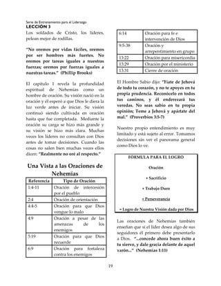 Serie de Entrenamiento para el Liderazgo
LECCIÓN 3
19
Los soldados de Cristo, los líderes,
pelean mejor de rodillas.
“No oremos por vidas fáciles, oremos
por ser hombres más fuertes. No
oremos por tareas iguales a nuestras
fuerzas; oremos por fuerzas iguales a
nuestras tareas.” (Phillip Brooks)
El capítulo 1 revela la profundidad
espiritual de Nehemías como un
hombre de oración. Su visión nació en la
oración y él esperó a que Dios le diera la
luz verde antes de iniciar. Su visión
continuó siendo cultivada en oración
hasta que fue completada. Mediante la
oración su carga se hizo más grande y
su visión se hizo más clara. Muchas
veces los líderes no consultan con Dios
antes de tomar decisiones. Cuando las
cosas no salen bien muchas veces ellos
dicen: “Realmente no oré al respecto.”
Una Vista a las Oraciones de
Nehemías
Referencia Tipo de Oración
1:4-11 Oración de intercesión
por el pueblo
2:4 Oración de orientación
4:4-5 Oración para que Dios
vengue lo malo
4:9 Oración a pesar de las
amenazas de los
enemigos
5:19 Oración para que Dios
recuerde
6:9 Oración para fortaleza
contra los enemigos
6:14 Oración para fe e
intervención de Dios
9:5-38 Oración y
arrepentimiento en grupo
13:22 Oración para misericordia
13:29 Oración por el ministerio
13:31 Cierre de oración
El Hombre Sabio dijo: “Fíate de Jehová
de todo tu corazón, y no te apoyes en tu
propia prudencia. Reconócelo en todos
tus caminos, y él enderezará tus
veredas. No seas sabio en tu propia
opinión; Teme a Jehová y apártate del
mal.” (Proverbios 3:5-7)
Nuestro propio entendimiento es muy
limitado y está sujeto al error. Tomamos
decisiones sin ver el panorama general
como Dios lo ve.
FÓRMULA PARA EL LOGRO
Oración
+ Sacrificio
+ Trabajo Duro
+ Perseverancia
= Logro de Nuestra Visión dada por Dios
Las oraciones de Nehemías también
enseñan que si el líder desea algo de sus
seguidores él primero debe presentarlo
a Dios. “...concede ahora buen éxito a
tu siervo, y dale gracia delante de aquel
varón...” (Nehemías 1:11)
 