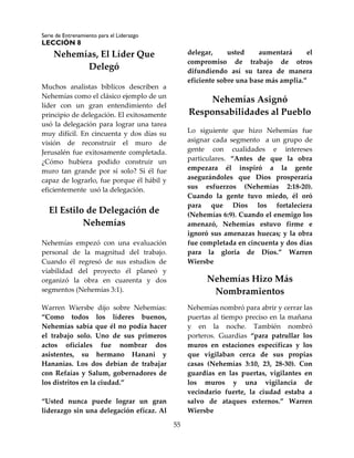 Serie de Entrenamiento para el Liderazgo
LECCIÓN 8
55
Nehemías, El Líder Que
Delegó
Muchos analistas bíblicos describen a
Nehemías como el clásico ejemplo de un
líder con un gran entendimiento del
principio de delegación. El exitosamente
usó la delegación para lograr una tarea
muy difícil. En cincuenta y dos días su
visión de reconstruir el muro de
Jerusalén fue exitosamente completada.
¿Cómo hubiera podido construir un
muro tan grande por sí solo? Si él fue
capaz de lograrlo, fue porque él hábil y
eficientemente usó la delegación.
El Estilo de Delegación de
Nehemías
Nehemías empezó con una evaluación
personal de la magnitud del trabajo.
Cuando él regresó de sus estudios de
viabilidad del proyecto él planeó y
organizó la obra en cuarenta y dos
segmentos (Nehemías 3:1).
Warren Wiersbe dijo sobre Nehemías:
“Como todos los líderes buenos,
Nehemías sabía que él no podía hacer
el trabajo solo. Uno de sus primeros
actos oficiales fue nombrar dos
asistentes, su hermano Hanani y
Hananías. Los dos debían de trabajar
con Refaías y Salum, gobernadores de
los distritos en la ciudad.”
“Usted nunca puede lograr un gran
liderazgo sin una delegación eficaz. Al
delegar, usted aumentará el
compromiso de trabajo de otros
difundiendo así su tarea de manera
eficiente sobre una base más amplia.”
Nehemías Asignó
Responsabilidades al Pueblo
Lo siguiente que hizo Nehemías fue
asignar cada segmento a un grupo de
gente con cualidades e intereses
particulares. “Antes de que la obra
empezara él inspiró a la gente
asegurándoles que Dios prosperaría
sus esfuerzos (Nehemías 2:18-20).
Cuando la gente tuvo miedo, él oró
para que Dios los fortaleciera
(Nehemías 6:9). Cuando el enemigo los
amenazó, Nehemías estuvo firme e
ignoró sus amenazas huecas; y la obra
fue completada en cincuenta y dos días
para la gloria de Dios.” Warren
Wiersbe
Nehemías Hizo Más
Nombramientos
Nehemías nombró para abrir y cerrar las
puertas al tiempo preciso en la mañana
y en la noche. También nombró
porteros. Guardias “para patrullar los
muros en estaciones específicas y los
que vigilaban cerca de sus propias
casas (Nehemías 3:10, 23, 28-30). Con
guardias en las puertas, vigilantes en
los muros y una vigilancia de
vecindario fuerte, la ciudad estaba a
salvo de ataques externos.” Warren
Wiersbe
 