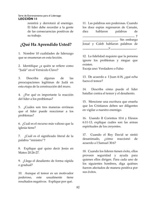 Serie de Entrenamiento para el Liderazgo
LECCIÓN 11
82
resistirá y derrotará al enemigo.
El líder debe recordar a la gente
de las consecuencias positivas de
su trabajo.
¿Qué Ha Aprendido Usted?
1. Nombre 10 cualidades de liderazgo
que se enumeran en esta lección.
2. Identifique ¿a quién se refiere como
“Judá” en el Versículo Clave?
3. Describa algunas de las
preocupaciones legítimas de Judá en
esta etapa de la construcción del muro.
4. ¿Por qué es importante la reacción
del líder a los problemas?
5. ¿Cuáles son tres maneras erróneas
que el líder puede reaccionar a los
problemas?
6. ¿Cuál es el recurso más valioso que la
iglesia tiene?
7. ¿Cuál es el significado literal de la
palabra “ministro”?
8. Explique qué quiso decir Jesús en
Mateo 20:26-27.
9. ¿Llega el desaliento de forma rápida
o gradual?
10. Aunque el temor es un motivador
poderoso, este usualmente tiene
resultados negativos. Explique por qué.
11. Las palabras son poderosas. Cuando
los doce espías regresaron de Canaán,
diez hablaron palabras de
__________________________________ y
_______________________. Sin embargo
Josué y Caleb hablaron palabras de
_________________y_________________.
12. La fidelidad requiere que la persona
ignore los problemas y niegue que
existen.
Escoja uno: Verdadero o Falso
13. De acuerdo a I Juan 4:18, ¿qué echa
fuera el temor?
14. Describa cómo puede el líder
batallar contra el temor y el desaliento.
15. Mencione una escritura que enseña
que los Cristianos deben ser diligentes
en vigilar a nuestro enemigo.
16. Usando II Corintios 10:4 y Efesios
6:11-13, explique cuáles son las armas
espirituales de los creyentes.
17. Cuando el Rey David se sintió
desanimado, ¿cómo reaccionó de
acuerdo a I Samuel 30:6?
18. Cuando los líderes tienen éxito, ellos
proveen seguridad y ayuda para
quienes ellos dirigen. Para cada uno de
los siguientes hombres, diga quiénes
fueron afectados de manera positiva por
sus éxitos.
 