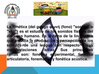 FONÉTICA


La fonética (del griego φωνή (fono) "sonido" o
"voz") es el estudio de los sonidos físicos del
discurso humano. Es la rama de la lingüística
que estudia la producción y percepción de los
sonidos de una lengua con respecto a sus
manifestaciones físicas. Sus principales
ramas son: fonética experimental, fonética
articulatoria, fonemática y fonética acústica.
 