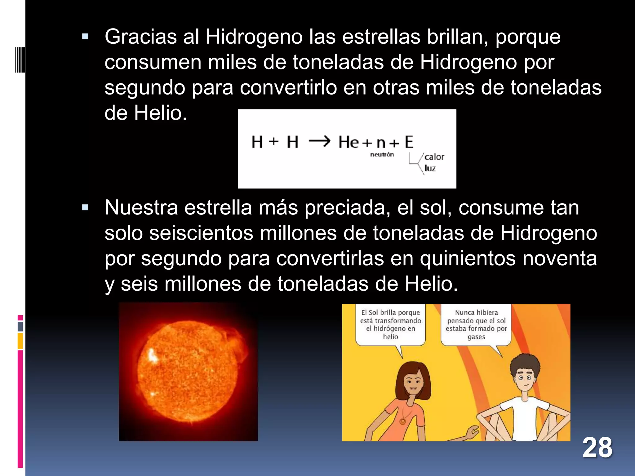 Gracias al Hidrogeno las estrellas brillan, porque

consumen miles de toneladas de Hidrogeno por
segundo para convertirlo en otras miles de toneladas
de Helio.

 Nuestra estrella más preciada, el sol, consume tan

solo seiscientos millones de toneladas de Hidrogeno
por segundo para convertirlas en quinientos noventa
y seis millones de toneladas de Helio.

28

 
