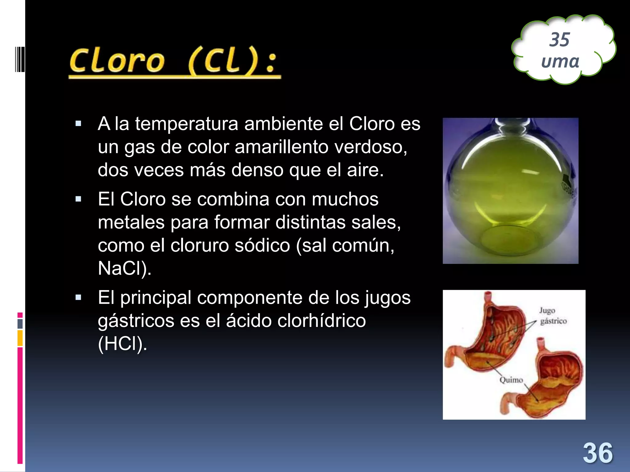 35
uma
 A la temperatura ambiente el Cloro es

un gas de color amarillento verdoso,
dos veces más denso que el aire.
 El Cloro se combina con muchos

metales para formar distintas sales,
como el cloruro sódico (sal común,
NaCl).
 El principal componente de los jugos

gástricos es el ácido clorhídrico
(HCl).

36

 