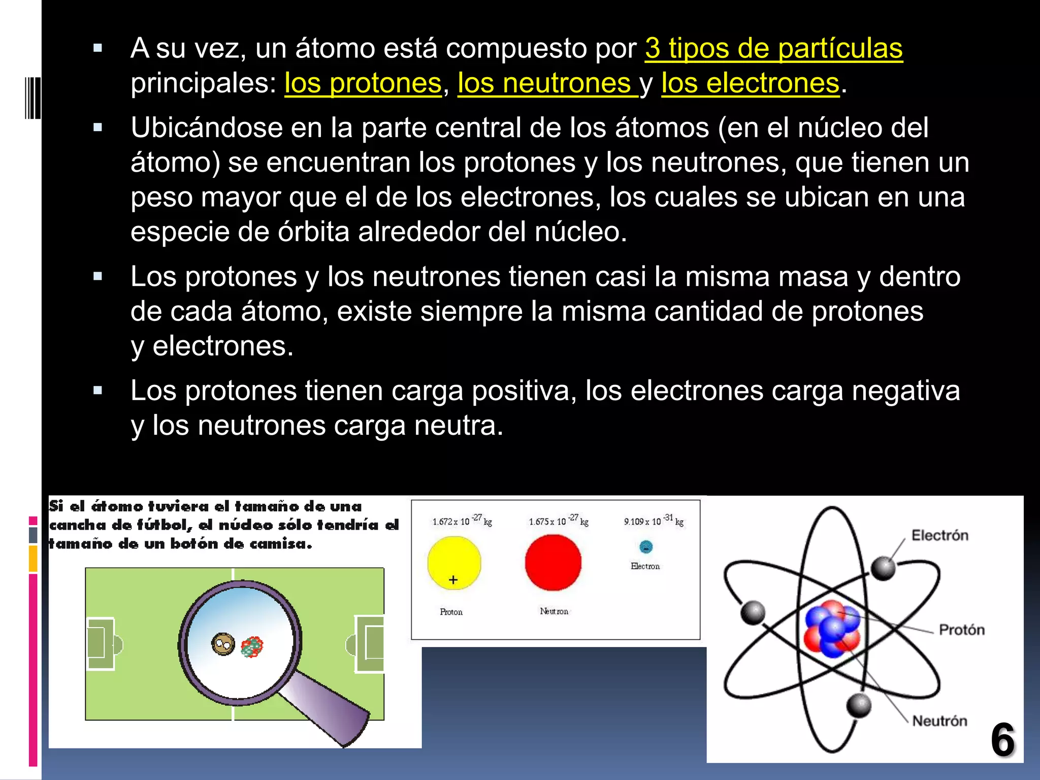  A su vez, un átomo está compuesto por 3 tipos de partículas

principales: los protones, los neutrones y los electrones.
 Ubicándose en la parte central de los átomos (en el núcleo del

átomo) se encuentran los protones y los neutrones, que tienen un
peso mayor que el de los electrones, los cuales se ubican en una
especie de órbita alrededor del núcleo.
 Los protones y los neutrones tienen casi la misma masa y dentro

de cada átomo, existe siempre la misma cantidad de protones
y electrones.
 Los protones tienen carga positiva, los electrones carga negativa

y los neutrones carga neutra.

6

 