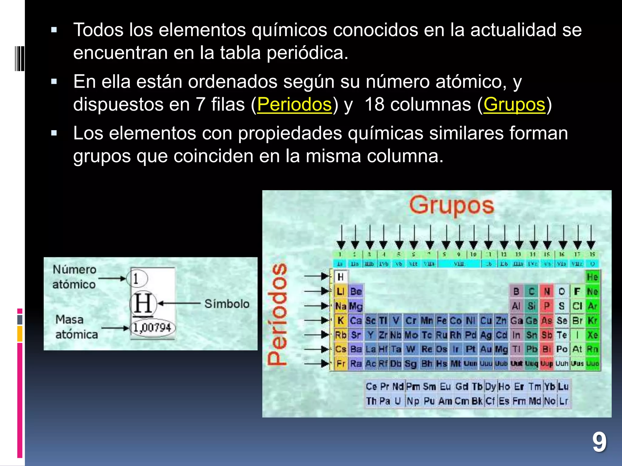  Todos los elementos químicos conocidos en la actualidad se

encuentran en la tabla periódica.
 En ella están ordenados según su número atómico, y

dispuestos en 7 filas (Periodos) y 18 columnas (Grupos)
 Los elementos con propiedades químicas similares forman

grupos que coinciden en la misma columna.

9

 