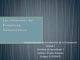 Conceptualización de los elementos de la Computación
Unidad 2
Actividad de aprendizaje 1
Apolinar Ornelas Bañuelos
Código: 213239673

 
