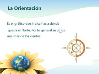 La Orientación
Es el gráfico que indica hacia donde
queda el Norte. Por lo general se utiliza
una rosa de los vientos.