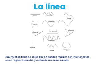 La línea
Hay muchos tipos de línias que se pueden realizar con instrumentos
como reglas, escuadra y cartabón o a mano alzada.
recte trencada
mixta
corba
corba
ondulada
ondulada
diagonal
diagonal
horitzontal
vertical
zigzag
 