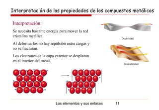 Interpretación de las propiedades de los compuestos metálicos

Interpretación:
Se necesita bastante energía para mover la red
cristalina metálica.
Al deformarlos no hay repulsión entre cargas y
no se fracturan.
Los electrones de la capa exterior se desplazan
en el interior del metal.




                          Los elementos y sus enlaces   11
 