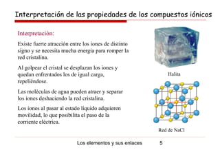 Interpretación de las propiedades de los compuestos iónicos

Interpretación:
Existe fuerte atracción entre los iones de distinto
signo y se necesita mucha energía para romper la
red cristalina.
Al golpear el cristal se desplazan los iones y
quedan enfrentados los de igual carga,                       Halita
repeliéndose.
Las moléculas de agua pueden atraer y separar
los iones deshaciendo la red cristalina.
Los iones al pasar al estado líquido adquieren
movilidad, lo que posibilita el paso de la
corriente eléctrica.
                                                         Red de NaCl

                           Los elementos y sus enlaces   5
 