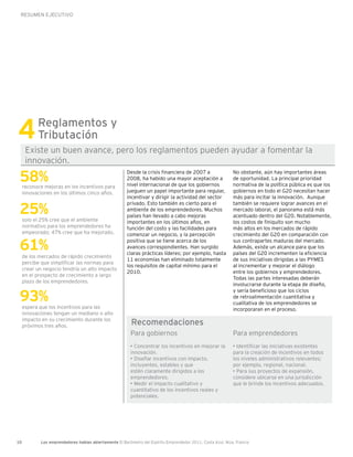 RESUMEN EJECUTIVO




4          Reglamentos y
           Tributación
      Existe un buen avance, pero los reglamentos pueden ayudar a fomentar la
      innovación.

 58% reconoce mejoras en los incentivos para
                                                        Desde la crisis financiera de 2007 a
                                                        2008, ha habido una mayor aceptación a
                                                        nivel internacional de que los gobiernos
                                                                                                              No obstante, aún hay importantes áreas
                                                                                                              de oportunidad. La principal prioridad
                                                                                                              normativa de la política pública es que los
     innovaciones en los últimos cinco años.            jueguen un papel importante para regular,             gobiernos en todo el G20 necesitan hacer
                                                        incentivar y dirigir la actividad del sector          más para incitar la innovación. Aunque

 25%
                                                        privado. Esto también es cierto para el               también se requiere lograr avances en el
                                                        ambiente de los emprendedores. Muchos                 mercado laboral, el panorama está más
                                                        países han llevado a cabo mejoras                     acentuado dentro del G20. Notablemente,
     solo el 25% cree que el ambiente                   importantes en los últimos años, en                   los costos de finiquito son mucho
     normativo para los emprendedores ha                función del costo y las facilidades para              más altos en los mercados de rápido
     empeorado; 47% cree que ha mejorado.               comenzar un negocio, y la percepción                  crecimiento del G20 en comparación con

 61%                                                    positiva que se tiene acerca de los
                                                        avances correspondientes. Han surgido
                                                        claras prácticas líderes; por ejemplo, hasta
                                                                                                              sus contrapartes maduras del mercado.
                                                                                                              Además, existe un alcance para que los
                                                                                                              países del G20 incrementen la eficiencia
     de los mercados de rápido crecimiento
                                                        11 economías han eliminado totalmente                 de sus iniciativas dirigidas a las PYMES
     percibe que simplificar las normas para
                                                        los requisitos de capital mínimo para el              al incrementar y mejorar el diálogo
     crear un negocio tendría un alto impacto
                                                        2010.                                                 entre los gobiernos y emprendedores.
     en el prospecto de crecimiento a largo
                                                                                                              Todas las partes interesadas deberán
     plazo de los emprendedores.
                                                                                                              involucrarse durante la etapa de diseño,

 93%
                                                                                                              y sería beneficioso que los ciclos
                                                                                                              de retroalimentación cuantitativa y
                                                                                                              cualitativa de los emprendedores se
     espera que los incentivos para las                                                                       incorporaran en el proceso.
     innovaciones tengan un mediano o alto
     impacto en su crecimiento durante los
     próximos tres años.                                  Recomendaciones
                                                          Para gobiernos                                      Para emprendedores
                                                          • Concentrar los incentivos en mejorar la           • Identificar las iniciativas existentes
                                                          innovación.                                         para la creación de incentivos en todos
                                                          • Diseñar incentivos con impacto,                   los niveles administrativos relevantes;
                                                          incluyentes, estables y que                         por ejemplo, regional, nacional.
                                                          estén claramente dirigidos a los                    • Para sus proyectos de expansión,
                                                          emprendedores.                                      considere ubicarse en una jurisdicción
                                                          • Medir el impacto cualitativo y                    que le brinde los incentivos adecuados.
                                                          cuantitativo de los incentivos reales y
                                                          potenciales.




10          Los emprendedores hablan abiertamente El Barómetro del Espíritu Emprendedor 2011, Costa Azul, Niza, Francia
 