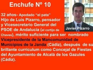 32 años- Apodado “el pata”
Hijo de Luis Pizarro, pensador
y Vicesecretario General del
PSOE de Andalucía (el cortijo de
Chaves), mérito suficiente para ser nombrado
Vicepresidente de la Mancomunidad de
Municipios de la Janda (Cádiz), después de su
brillante currículum como Concejal de Fiestas
del Ayuntamiento de Alcalá de los Gazules
(Cádiz).
Enchufe Nº 10
Javier Pizarro
 