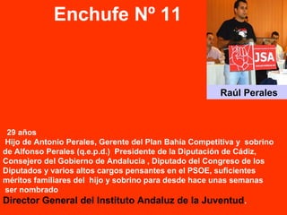 29 años
Hijo de Antonio Perales, Gerente del Plan Bahía Competitiva y sobrino
de Alfonso Perales (q.e.p.d.) Presidente de la Diputación de Cádiz,
Consejero del Gobierno de Andalucía , Diputado del Congreso de los
Diputados y varios altos cargos pensantes en el PSOE, suficientes
méritos familiares del hijo y sobrino para desde hace unas semanas
ser nombrado
Director General del Instituto Andaluz de la Juventud.
Enchufe Nº 11
Raúl Perales
 
