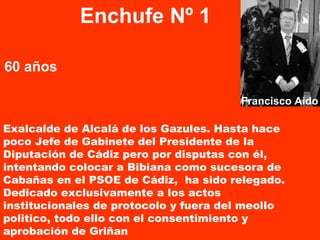 60 años
Enchufe Nº 1
Francisco Aido
Exalcalde de Alcalá de los Gazules. Hasta hace
poco Jefe de Gabinete del Presidente de la
Diputación de Cádiz pero por disputas con él,
intentando colocar a Bibiana como sucesora de
Cabañas en el PSOE de Cádiz, ha sido relegado.
Dedicado exclusivamente a los actos
institucionales de protocolo y fuera del meollo
politico, todo ello con el consentimiento y
aprobación de Griñan
 
