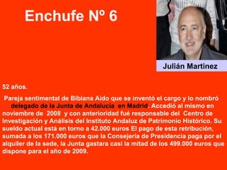 52 años.
Pareja sentimental de Bibiana Aido que se inventó el cargo y lo nombró
delegado de la Junta de Andalucía en Madrid. Accedió al mismo en
noviembre de 2008 y con anterioridad fué responsable del Centro de
Investigación y Análisis del Instituto Andaluz de Patrimonio Histórico. Su
sueldo actual está en torno a 42.000 euros El pago de esta retribución,
sumada a los 171.000 euros que la Consejería de Presidencia paga por el
alquiler de la sede, la Junta gastara casi la mitad de los 499.000 euros que
dispone para el año de 2009.
Julián Martinez
Enchufe Nº 6
 