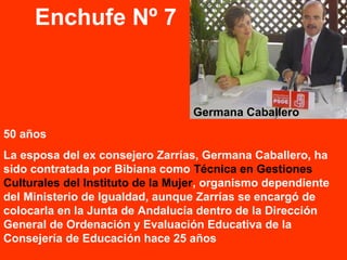 50 años
La esposa del ex consejero Zarrías, Germana Caballero, ha
sido contratada por Bibiana como Técnica en Gestiones
Culturales del Instituto de la Mujer, organismo dependiente
del Ministerio de Igualdad, aunque Zarrías se encargó de
colocarla en la Junta de Andalucía dentro de la Dirección
General de Ordenación y Evaluación Educativa de la
Consejería de Educación hace 25 años
Enchufe Nº 7
Germana Caballero
 
