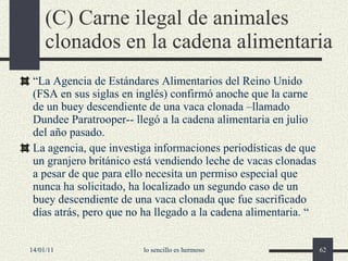 (C) Carne ilegal de animales clonados en la cadena alimentaria “ La Agencia de Estándares Alimentarios del Reino Unido (FSA en sus siglas en inglés) confirmó anoche que la carne de un buey descendiente de una vaca clonada –llamado Dundee Paratrooper-- llegó a la cadena alimentaria en julio del año pasado. La agencia, que investiga informaciones periodísticas de que un granjero británico está vendiendo leche de vacas clonadas a pesar de que para ello necesita un permiso especial que nunca ha solicitado, ha localizado un segundo caso de un buey descendiente de una vaca clonada que fue sacrificado días atrás, pero que no ha llegado a la cadena alimentaria. “ 14/01/11 lo sencillo es hermoso 