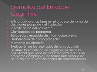    Wills propone estas fases en el proceso de toma de
    decisiones por parte del traductor
   Identificación del problema
   Clarificación del problema
   Búsqueda y recogida de información previa
   Deliberación de cómo proceder
   Momento de elección
   Evaluación de los resultados de la traducción
   Bill utiliza la simplificación cognitiva, es decir, la
    posibilidad que tiene el traductor para reducir un
    problema complejo a una forma más sencilla de
    acuerdo con sus capacidades de procesamiento


                                                      10
 