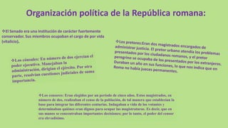 Organización política de la República romana:
El Senado era una institución de carácter fuertemente
conservador. Sus miembros ocupaban el cargo de por vida
(vitalicio).
Los censores: Eran elegidos por un período de cinco años. Estos magistrados, en
número de dos, realizaban el censo de la población, de tal manera que establecían la
base para integrar las diferentes centurias. Indagaban a vida de los votantes y
determinaban quiénes eran dignos para ocupar las magistraturas. Es decir, que en
sus manos se concentraban importantes decisiones; por lo tanto, el poder del censor
era elevadísimo.
 