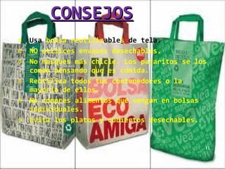 CONSEJOS
Θ   Usa bolsa reutilizables de tela.
Θ   NO utilices envases desechables.
Θ   No masques más chicle. Los pajaritos se los
    comen pensando que es comida.
Θ   Reutiliza todos tus contenedores o la
    mayoría de ellos.
Θ   No compres alimentos que vengan en bolsas
    individuales.
Θ   Evita los platos y cubiertos desechables.


                                              11
 