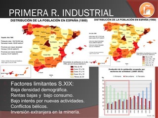PRIMERA R. INDUSTRIAL
 Factores limitantes S.XIX:
- Baja densidad demográfica.
- Rentas bajas y bajo consumo.
- Bajo interés por nuevas actividades.
- Conflictos bélicos.
- Inversión extranjera en la minería.
 