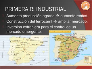 PRIMERA R. INDUSTRIAL
 Aumento producción agraria  aumento rentas.
 Construcción del ferrocarril  ampliar mercado.
 Inversión extranjera para el control de un
mercado emergente.
9%
12%
22%
19%
 