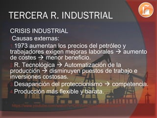 TERCERA R. INDUSTRIAL
CRISIS INDUSTRIAL
Causas externas:
1.1973 aumentan los precios del petróleo y
trabajadores exigen mejoras laborales  aumento
de costes  menor beneficio.
2.R. Tecnológica  Automatización de la
producción  disminuyen puestos de trabajo e
inversiones costosas.
3.Desaparición del proteccionismo  competencia.
4.Producción más flexible y barata.
https://www.youtube.com/watch?v=QRVURGmj-b8&spfreload=10
 