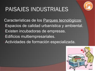 PAISAJES INDUSTRIALES
Características de los Parques tecnológicos:
-Espacios de calidad urbanística y ambiental.
-Existen incubadoras de empresas.
-Edificios multiempresariales.
-Actividades de formación especializada.
 