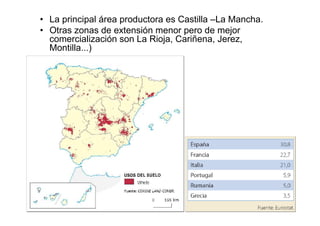 • La principal área productora es Castilla –La Mancha.
• Otras zonas de extensión menor pero de mejor
  comercialización son La Rioja, Cariñena, Jerez,
  Montilla...)




                                                  13
 