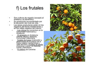 f) Los frutales

•       Son cultivos de regadío (excepto el
        avellano y el almendro).
•       Su producción ha aumentado por
        la elevación del nivel de vida.
•       Las áreas productoras están en los
        regadíos del litoral mediterráneo y
        en los valles regados del interior.
    –      · Los cítricos se concentran en la
           Comunidad Valenciana y
           Andalucía.
    –      · El almendro en Andalucía
           oriental, Murcia, Baleares,
           Comunidad Valenciana.
    –      · frutales de hueso (melocotón y
           albaricoque) en el interior de la
           franja costera mediterránea y
           valle del Ebro y frutales de pepita
           (manzana y pera) en Asturias,
           Lérida y Barcelona.
    –      · El plátano de Canarias




                                                 19
 