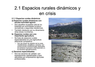 2.1 Espacios rurales dinámicos y
               en crisis
2.1.1 Espacios rurales dinámicos
a) Espacios rurales dinámicos con
    escasa actividad agraria
• Son aquellos ocupados casi en su
    totalidad por actividades turístico-
    recreativas o segundas residencias.
• También destacan por su dinamismo
    otras áreas rururbanas,
b) Espacios rurales con una
    importante agricultura.
• Se trata de espacios rurales
    especializados en una agricultura
    altamente competitiva.
    – Son las áreas de regadío de la costa
      mediterránea, andaluza y canaria, con
      producciones hortofrutícolas dedicadas
      al comercio nacional e internacional y a
      la industria agroalimentaria.
c) Secanos especializados
• Son los secanos de calidad, con
    explotaciones capitalizadas y bien
    atendidas por empresarios agrícolas
    profesionales.
 