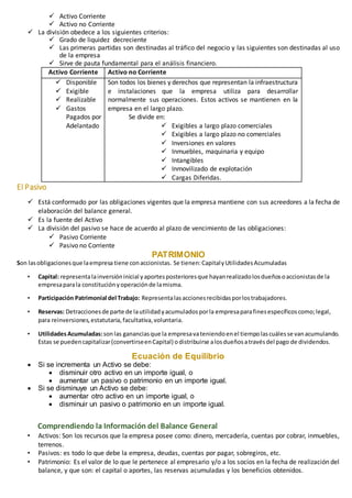  Activo Corriente 
 Activo no Corriente 
 La división obedece a los siguientes criterios: 
 Grado de liquidez decreciente 
 Las primeras partidas son destinadas al tráfico del negocio y las siguientes son destinadas al uso 
de la empresa 
 Sirve de pauta fundamental para el análisis financiero. 
Activo Corriente Activo no Corriente 
 Disponible 
 Exigible 
 Realizable 
 Gastos 
Pagados por 
Adelantado 
Son todos los bienes y derechos que representan la infraestructura 
e instalaciones que la empresa utiliza para desarrollar 
normalmente sus operaciones. Estos activos se mantienen en la 
empresa en el largo plazo. 
Se divide en: 
 Exigibles a largo plazo comerciales 
 Exigibles a largo plazo no comerciales 
 Inversiones en valores 
 Inmuebles, maquinaria y equipo 
 Intangibles 
 Inmovilizado de explotación 
 Cargas Diferidas. 
El Pasivo 
 Está conformado por las obligaciones vigentes que la empresa mantiene con sus acreedores a la fecha de 
elaboración del balance general. 
 Es la fuente del Activo 
 La división del pasivo se hace de acuerdo al plazo de vencimiento de las obligaciones: 
 Pasivo Corriente 
 Pasivo no Corriente 
PATRIMONIO 
Son las obligaciones que la empresa tiene con accionistas. Se tienen: Capital y Utilidades Acumuladas 
• Capital: representa la inversión inicial y aportes posteriores que hayan realizado los dueños o accionistas de la 
empresa para la constitución y operación de la misma. 
• Participación Patrimonial del Trabajo: Representa las acciones recibidas por los trabajadores. 
• Reservas: Detracciones de parte de la utilidad y acumulados por la empresa para fines específicos como; legal, 
para reinversiones, estatutaria, facultativa, voluntaria. 
• Utilidades Acumuladas: son las ganancias que la empresa va teniendo en el tiempo las cuáles se van acumulando. 
Estas se pueden capitalizar (convertirse en Capital) o distribuirse a los dueños a través del pago de dividendos. 
Ecuación de Equilibrio 
 Si se incrementa un Activo se debe: 
 disminuir otro activo en un importe igual, o 
 aumentar un pasivo o patrimonio en un importe igual. 
 Si se disminuye un Activo se debe: 
 aumentar otro activo en un importe igual, o 
 disminuir un pasivo o patrimonio en un importe igual. 
Comprendiendo la Información del Balance General 
• Activos: Son los recursos que la empresa posee como: dinero, mercadería, cuentas por cobrar, inmuebles, 
terrenos. 
• Pasivos: es todo lo que debe la empresa, deudas, cuentas por pagar, sobregiros, etc. 
• Patrimonio: Es el valor de lo que le pertenece al empresario y/o a los socios en la fecha de realización del 
balance, y que son: el capital o aportes, las reservas acumuladas y los beneficios obtenidos. 
