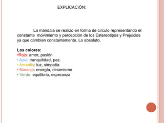 EXPLICACIÓN:




        La mándala se realizo en forma de circulo representando el
constante movimiento y percepción de los Estereotipos y Prejuicios
ya que cambian constantemente. Lo absoluto.

Los colores:
•Rojo: amor, pasión
• Azul: tranquilidad, paz.
• Amarillo: luz, simpatía
• Naranja: energía, dinamismo
• Verde: equilibrio, esperanza
 