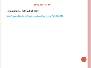 BIBLIOGRAFIA

Referencia del aula virtual Saia:

http://saia.uft.edu.ve/ead/mod/book/view.php?id=388613
 